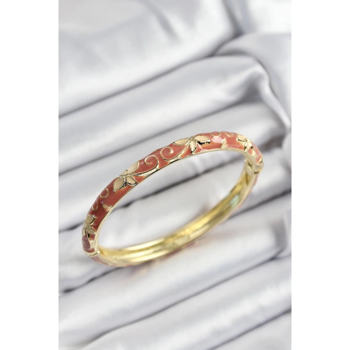 Mineli Pirinç Krem Çiçek Motifli Gold Renk Kadın Kelepçe