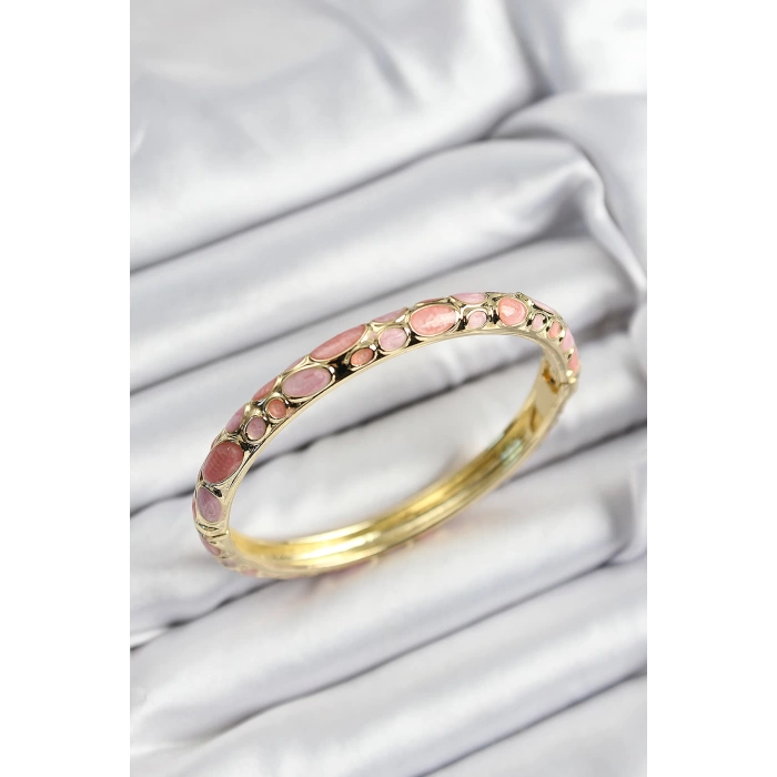 Mineli Pirinç Pembe Petek Motifli Gold Renk Kadın Kelepçe