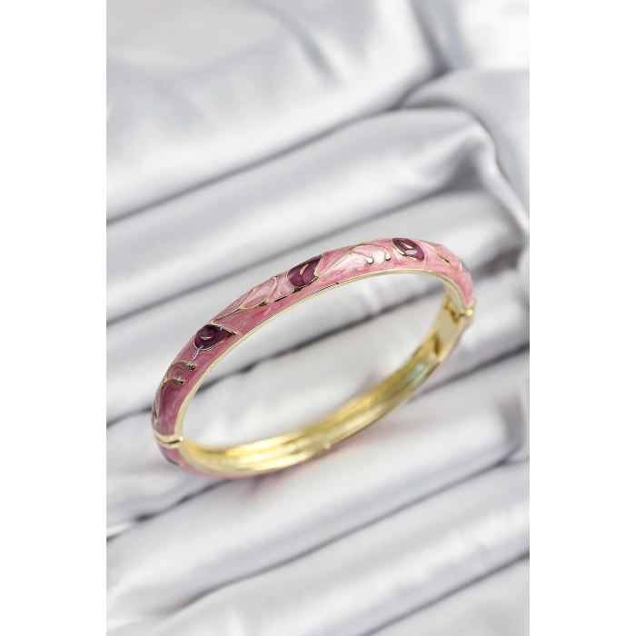 Mineli Pirinç Pembe Ve Fuşya Yaprak Motifli Gold Renk Kadın Kelepçe