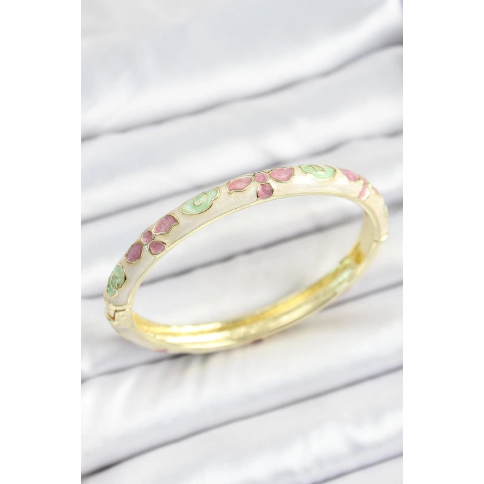 Mineli Pirinç Yeşil Pembe Çiçek Desenli Gold Renk Kadın Kelepçe