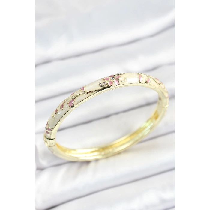 Mineli Pirinç Zirkon Taşlı Pembe Çiçek Desenli Gold Renk Kadın Kelepçe