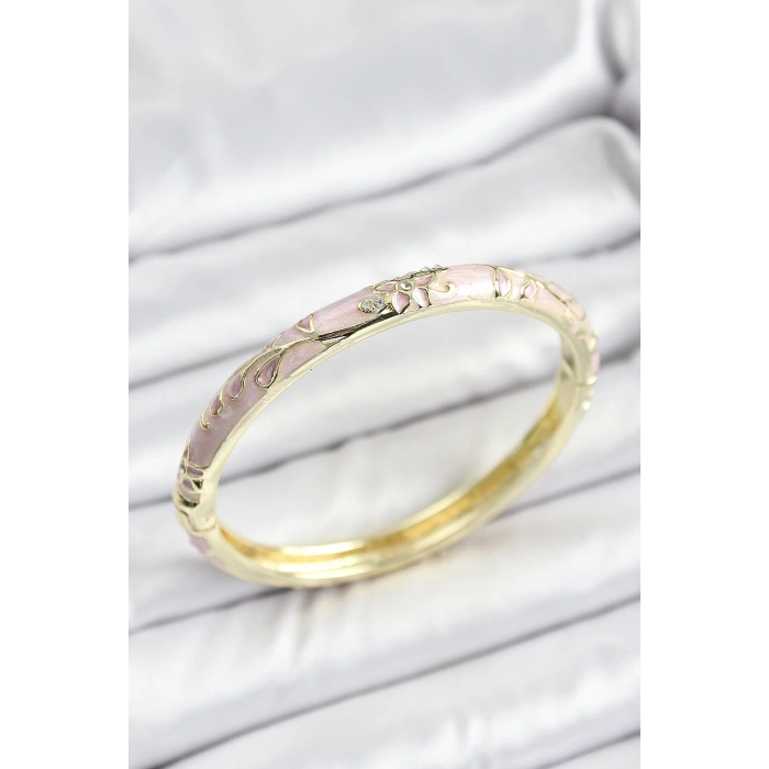 Mineli Pirinç Zirkon Taşlı Pembe Çiçek Desenli Gold Renk Kadın Kelepçe