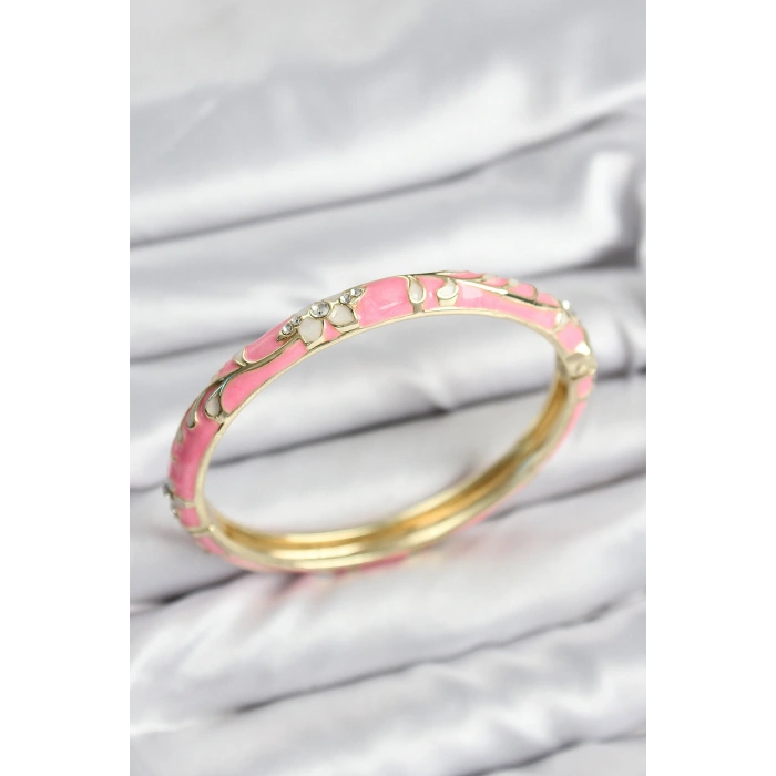 Mineli Pirinç Zirkon Taşlı Pembe Çiçek Motifli Gold Kadın Kelepçe