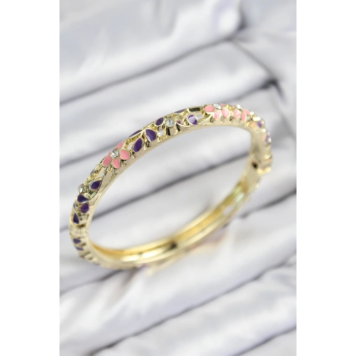Mineli Pirinç Zirkon Taşlı Pembe Mor Çiçek Motifli Gold Kadın Kelepçe