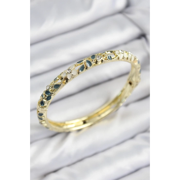 Mineli Pirinç Zirkon Taşlı Yeşil Krem Çiçek Motifli Gold Kadın Kelepçe