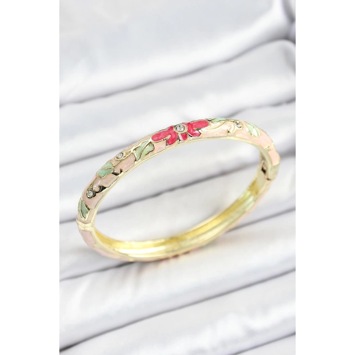 Mineli Pirinç Zirkon Taşlı Yeşil Pembe Çiçek Desenli Gold Renk Kadın Kelepçe