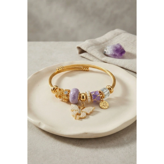 Mor Kelebek Model Gold Renk Charmlı Bileklik