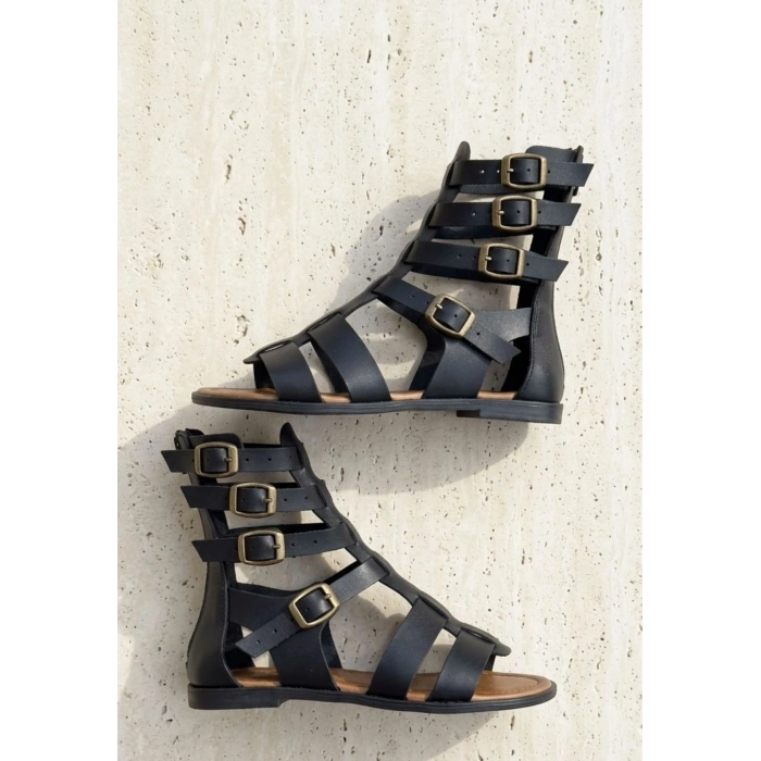 Nola Siyah Deri Kemerli Sandalet