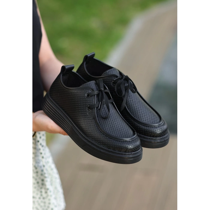Olse Siyah Cilt Bağcıklı Spor Ayakkabı