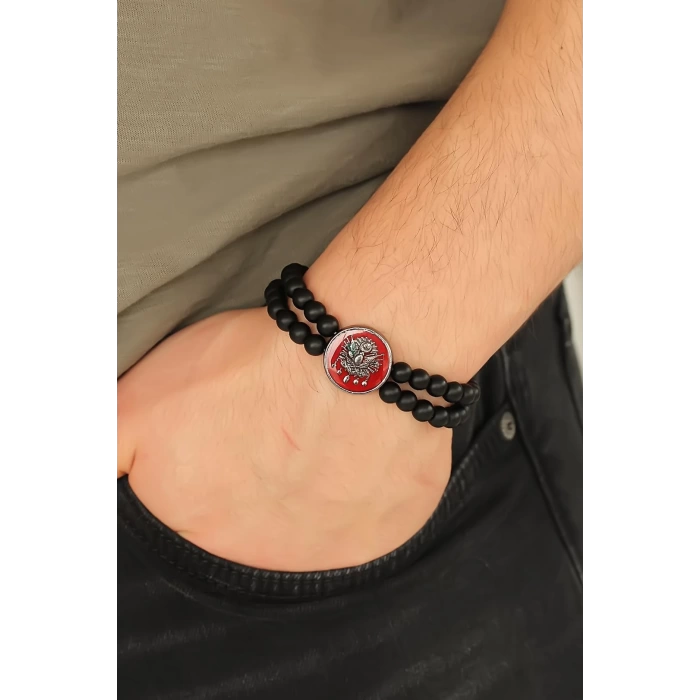 Osmanlı Tuğralı Kırmızı Metal Aksesuarlı Siyah Oniks Doğal Taş Erkek Bileklik