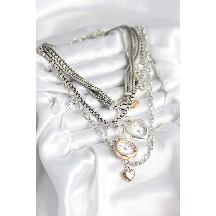 Otantik Gümüş Renk Kadın Kolye Kombini