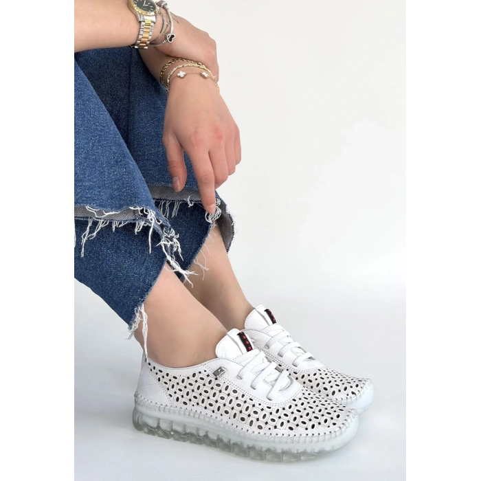 Otja Beyaz Deri Lazerli Bağcıklı Spor Ayakkabı