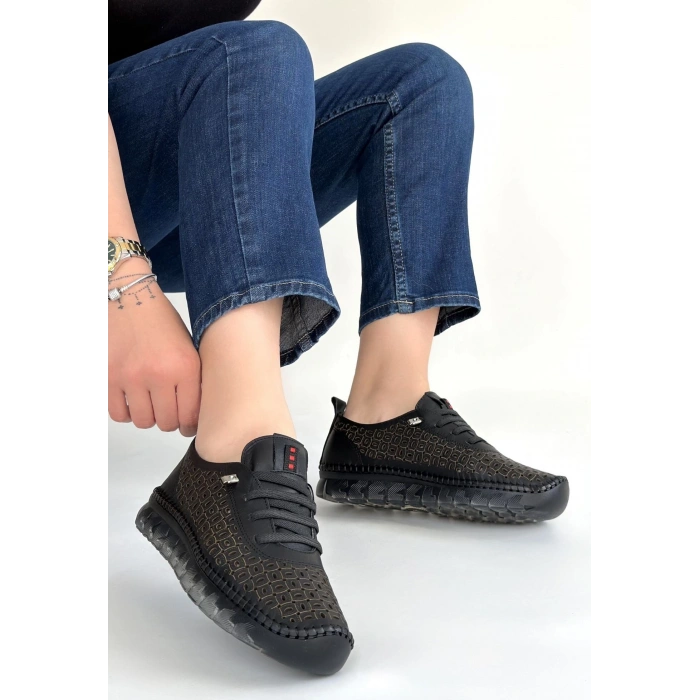 Otja Siyah Deri Lazerli Bağcıklı Spor Ayakkabı