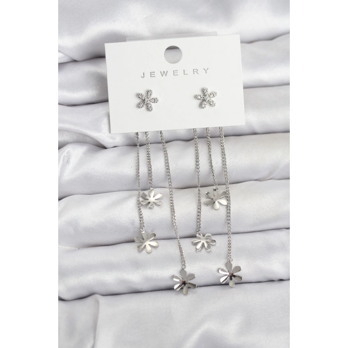 Papatya Model Gümüş Renk Pirinç Sallantılı Kadın Küpe