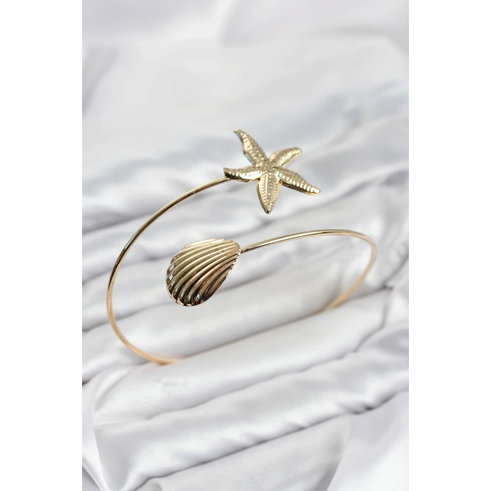 Pazu Bileklik Gold Renk Pirinç Deniz Kabuğu ve Deniz Yıldızı Model