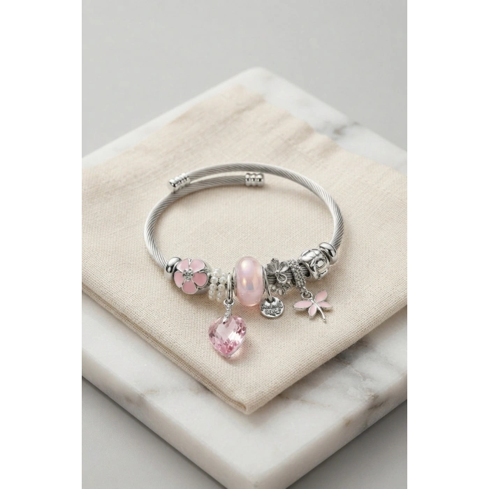 Pembe Kristal Kalp Charmlı Gümüş Renk Bileklik