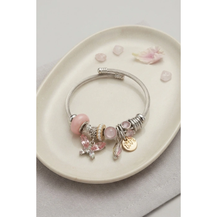 Pembe Kristal Kelebek Charmlı Bileklik