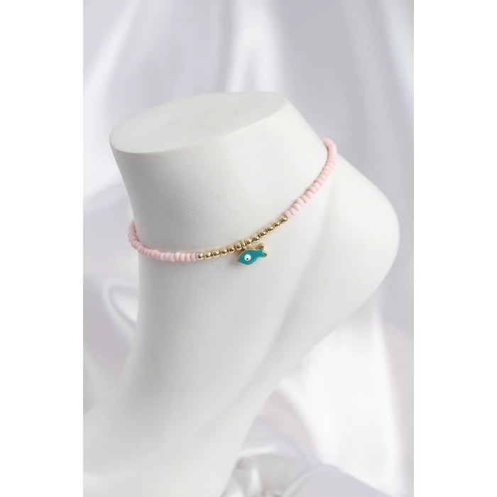 Pembe Renk Boncuklu Balık Figürlü Halhal