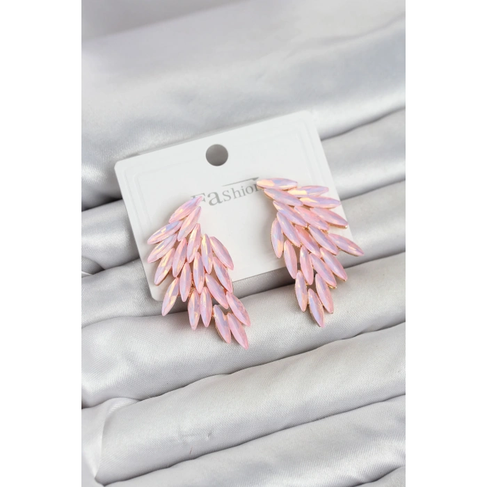 Pembe Renk Kristal Taşlı Kanat Küpe