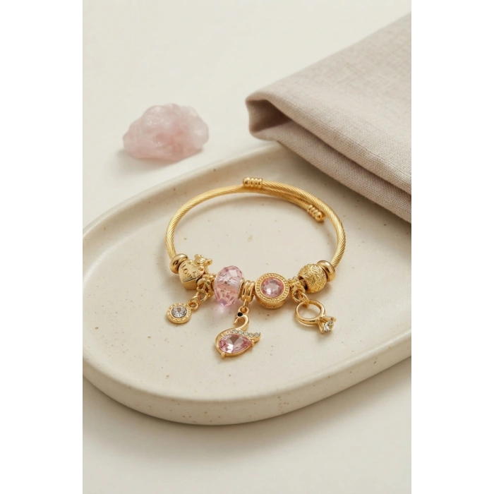 Pembe Swan Model Gold Renk Charmlı Bileklik