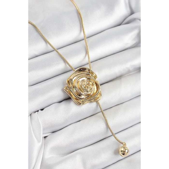 Pirinç Asansörlü Gül Model Gold Renk Kadın Kolye