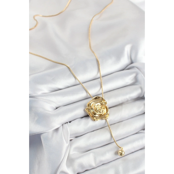 Pirinç Asansörlü Gül Model Gold Renk Kadın Kolye