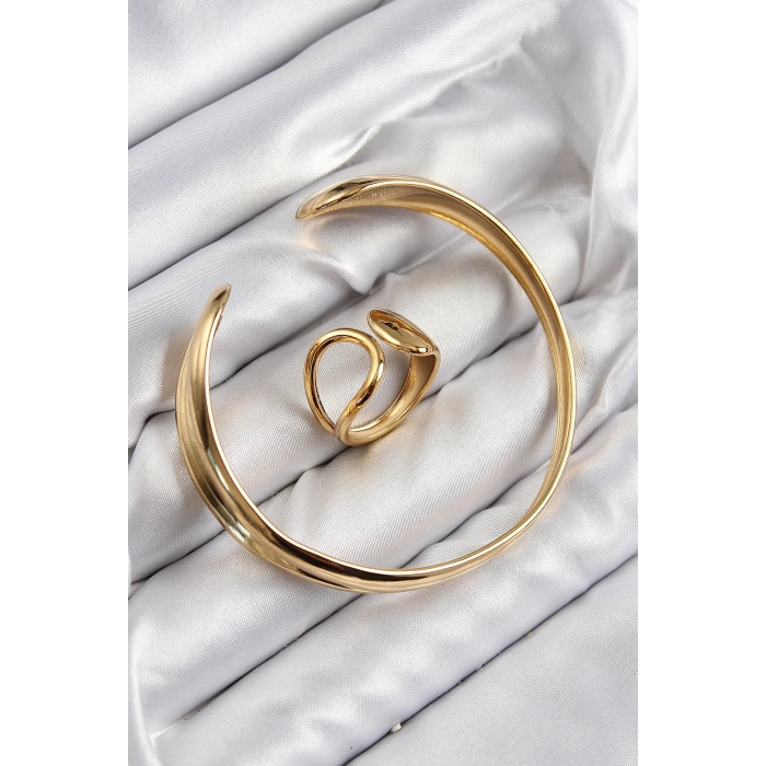 Pirinç Ayrık Model Gold Renk Bileklik Yüzük Set