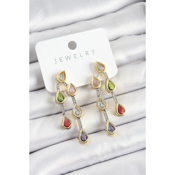 Pirinç Çoklu Damla Model Karşık Zirkon Taşlı Gold Ve Gümüş Renk Kadın Küpe