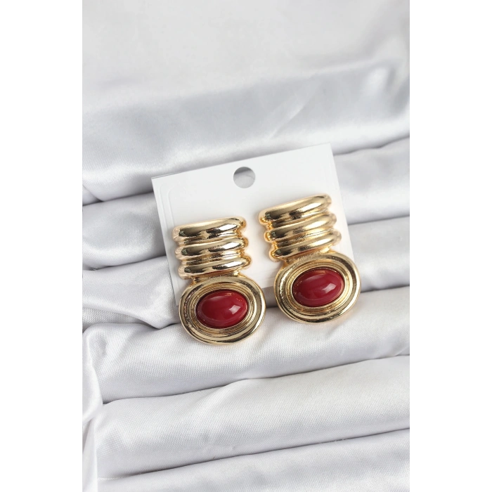 Pirinç Gold Bordo Renk Vintage Kadın Küpe