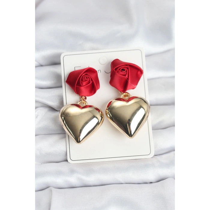 Pirinç Gold Kalpli Kırmızı Gül Model Kadın Küpe