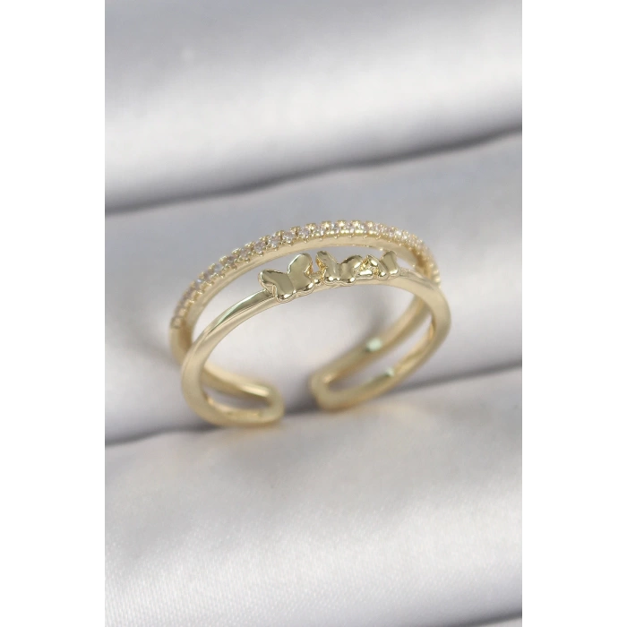 Pirinç Gold Renk 2Li Sıra Zirkon Taş Detaylı Kelebek Figürlü Ayarlanabilir Model Kadın Yüzük