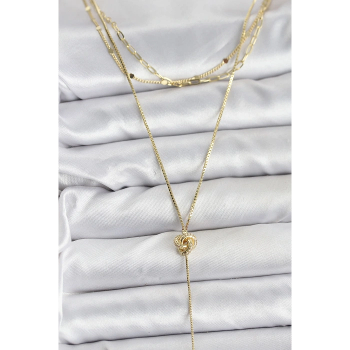 Pirinç Gold Renk Düğüm Model Detaylı 3lü Kombin Y Kadın Kolye