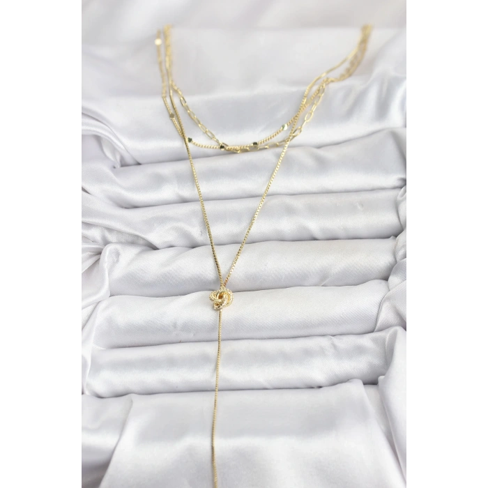 Pirinç Gold Renk Düğüm Model Detaylı 3lü Kombin Y Kadın Kolye