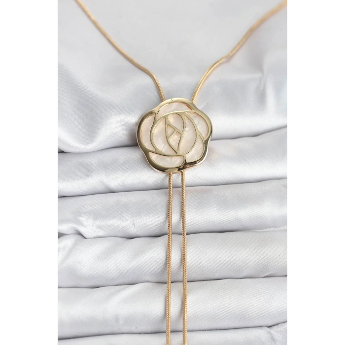 Pirinç Gold Renk Gül Model Asansörlü Kadın Kolye