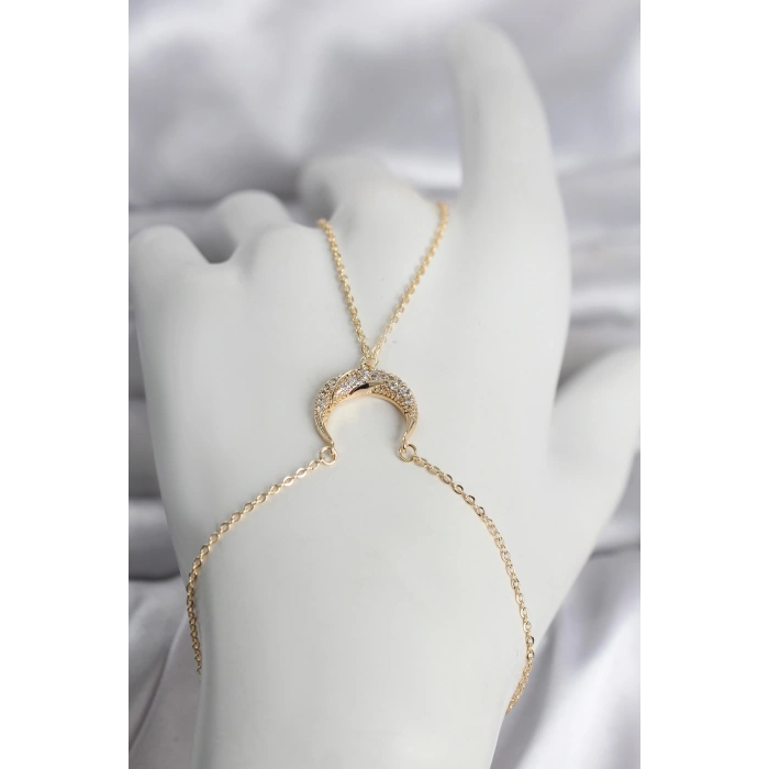 Pirinç Gold Renk Hilal Model Zirkon Taşlı Kadın Şahmeran