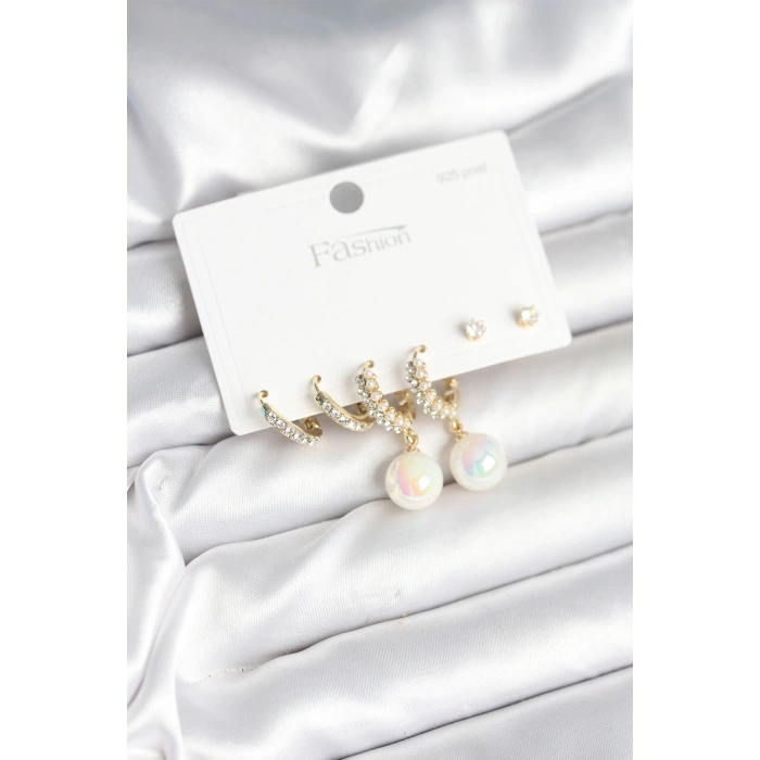 Pirinç Gold Renk İncili 925 Ayar Gümüş Çivi Kadın Küpe Seti