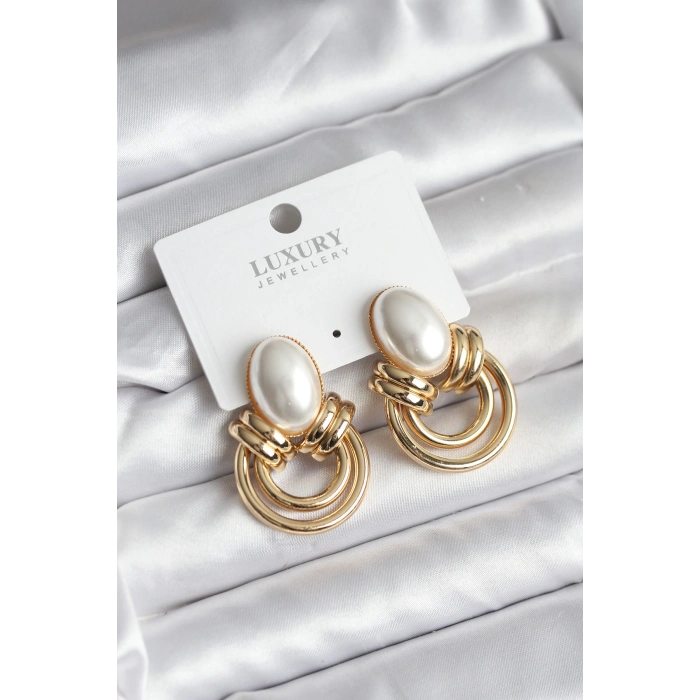 Pirinç Gold Renk İncili Vintage Kadın Küpe