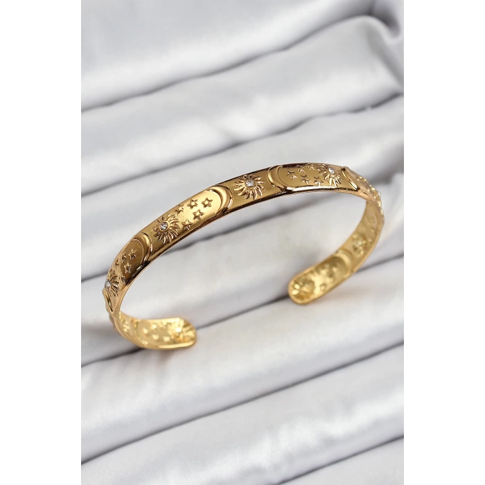 Pirinç Gold Renk İşlemeli Altı Açık Bileklik