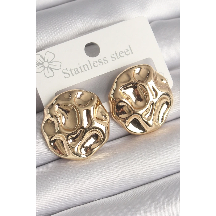 Pirinç Gold Renk İşlemeli Daire Plaka Model Kadın Küpe