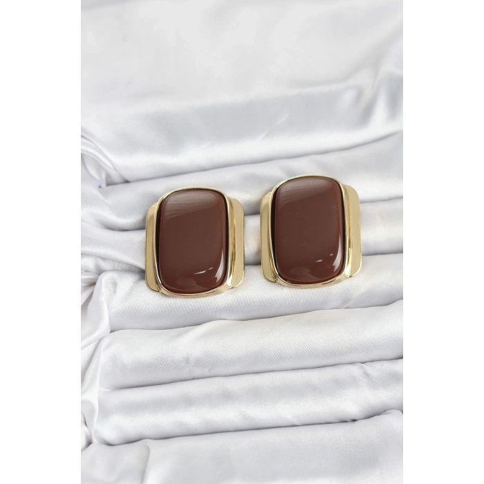 Pirinç Gold Renk Kahverengi Plaka Vintage Kadın Küpe