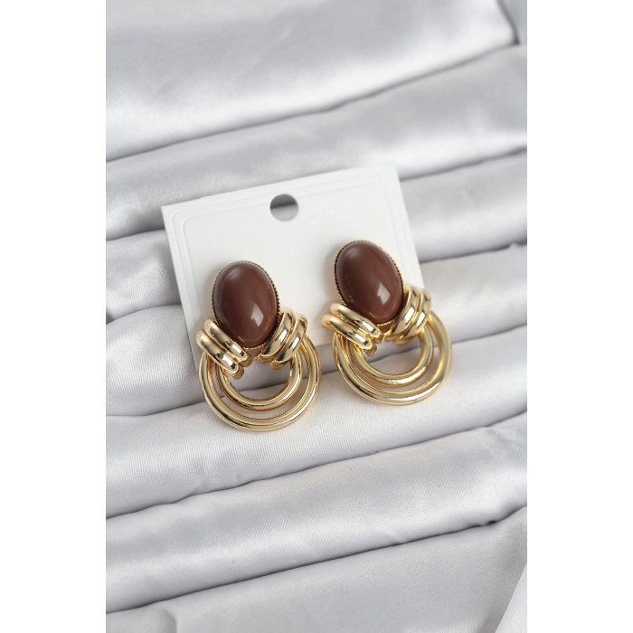 Pirinç Gold Renk Kahverengi Taşlı Vintage Kadın Küpe