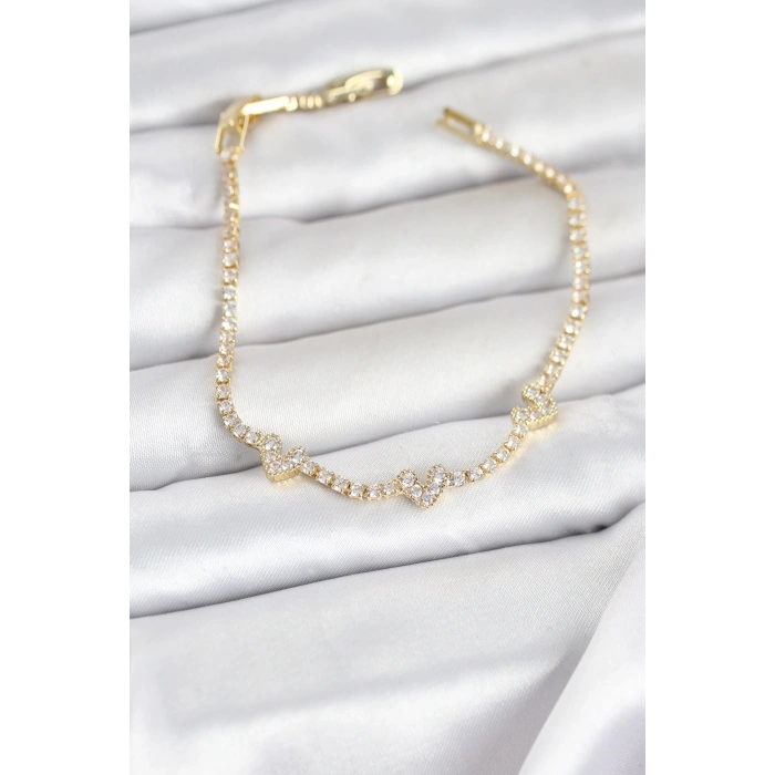 Pirinç Gold Renk Kalp Model Zirkon Taşlı Su Yolu Kadın Bileklik