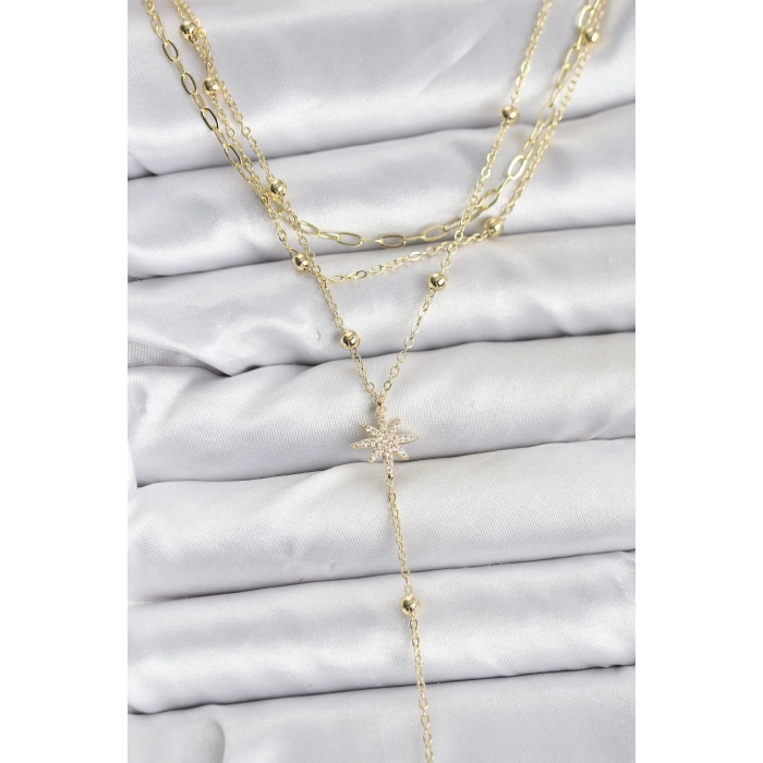 Pirinç Gold Renk Kutup Yıldızı Detaylı 3lü Kombin Kadın Kolye
