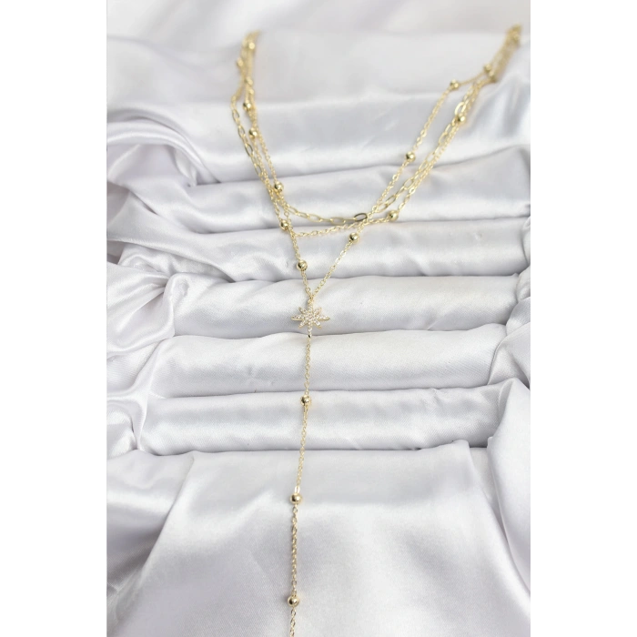 Pirinç Gold Renk Kutup Yıldızı Detaylı 3lü Kombin Kadın Kolye