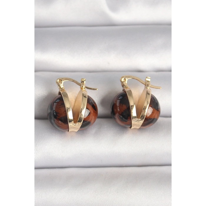 Pirinç Gold Renk Leopar Desen 3D Daire Model Kadın Küpe