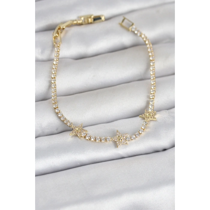 Pirinç Gold Renk Minimal Yıldız Model Zirkon Taşlı Su Yolu Kadın Bileklik