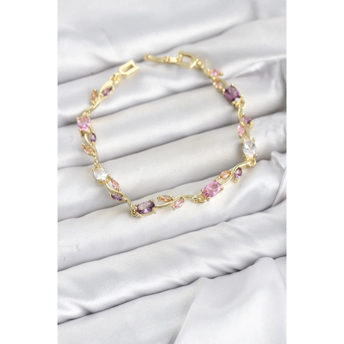 Pirinç Gold Renk Pembe ve Mor Zirkon Taşlı Çiçek Model Kadın Bileklik