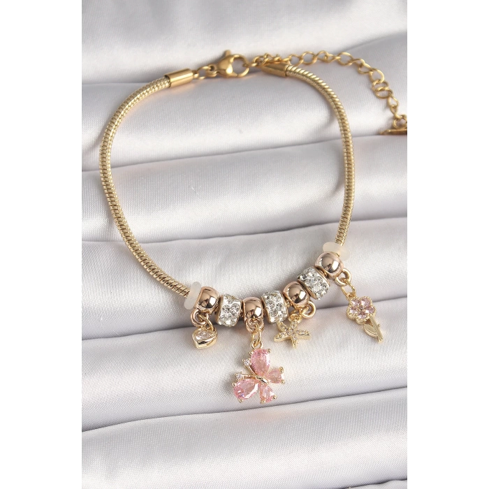 Pirinç Gold Renk Sallantı Pembe Zirkon Taşlı Kelebek Figür Çiçek Detay Charm Kadın Bileklik