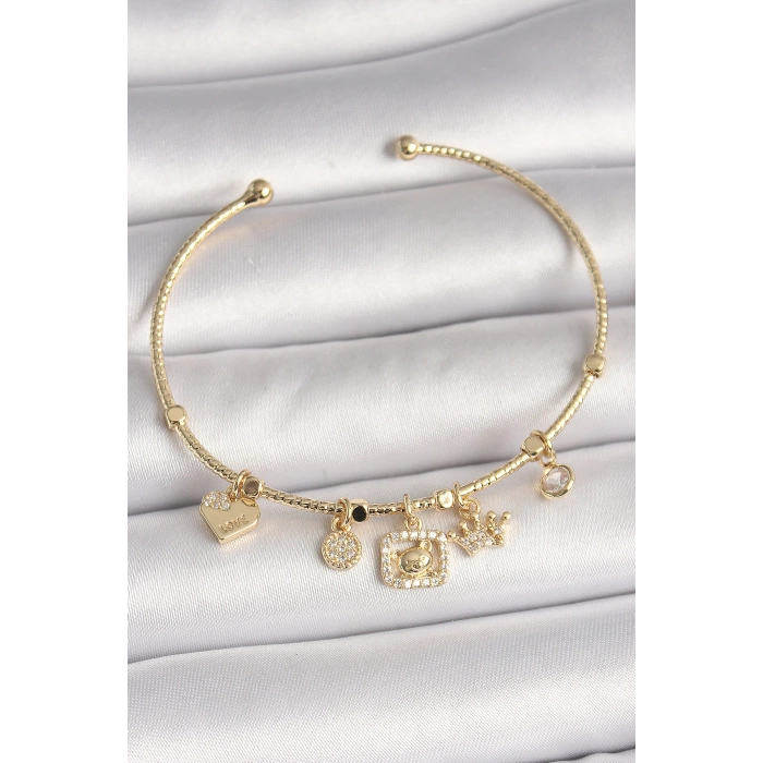Pirinç Gold Renk Sallantı Zirkon Taşlı Ayıcık Figür Taç Detay Charm Kadın Bileklik