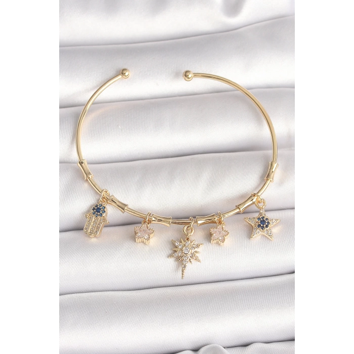Pirinç Gold Renk Sallantı Zirkon Taşlı Kutup Yıldız Model Charm Model Kadın Bileklik